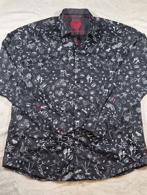 Men's Black Graphic Casual Button-Down Shirt with White Doodle Print